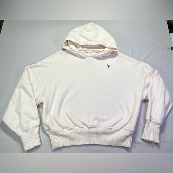 Aerie Embroidered Bow Cropped Fleece Pullover Hoodie Cream - M - Picture 4 of 9